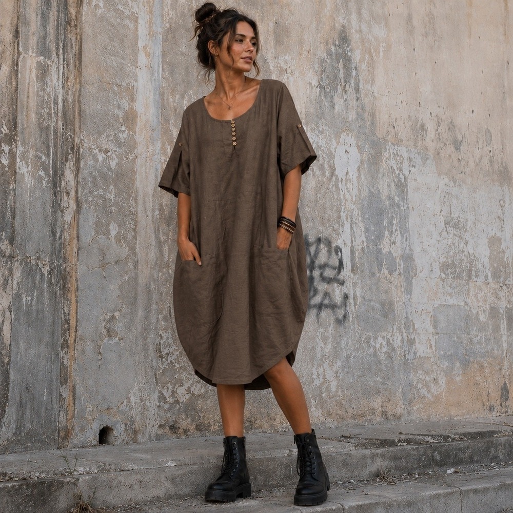 Mordenmiss Brown Cotton Linen Lagenlook Bubble Midi Dress Euro Pocket Small